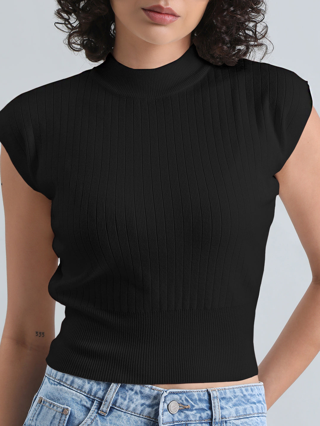 Women's Black Ribbed Mock Neck Sleeveless Top