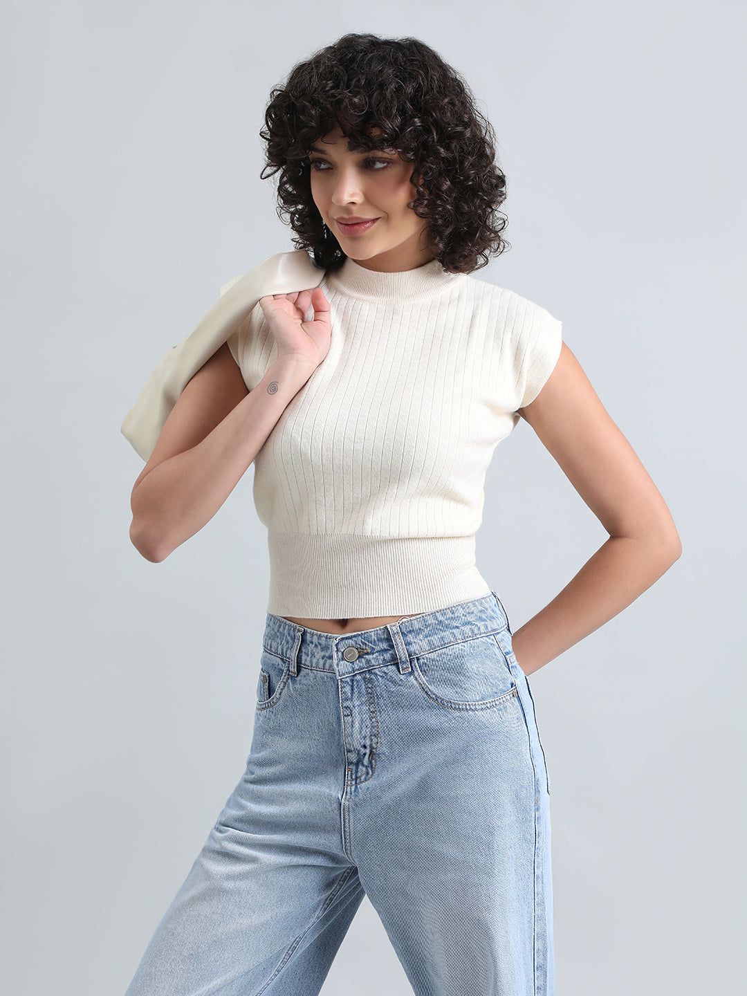 Women's Cream Ribbed Mock Neck Sleeveless Top