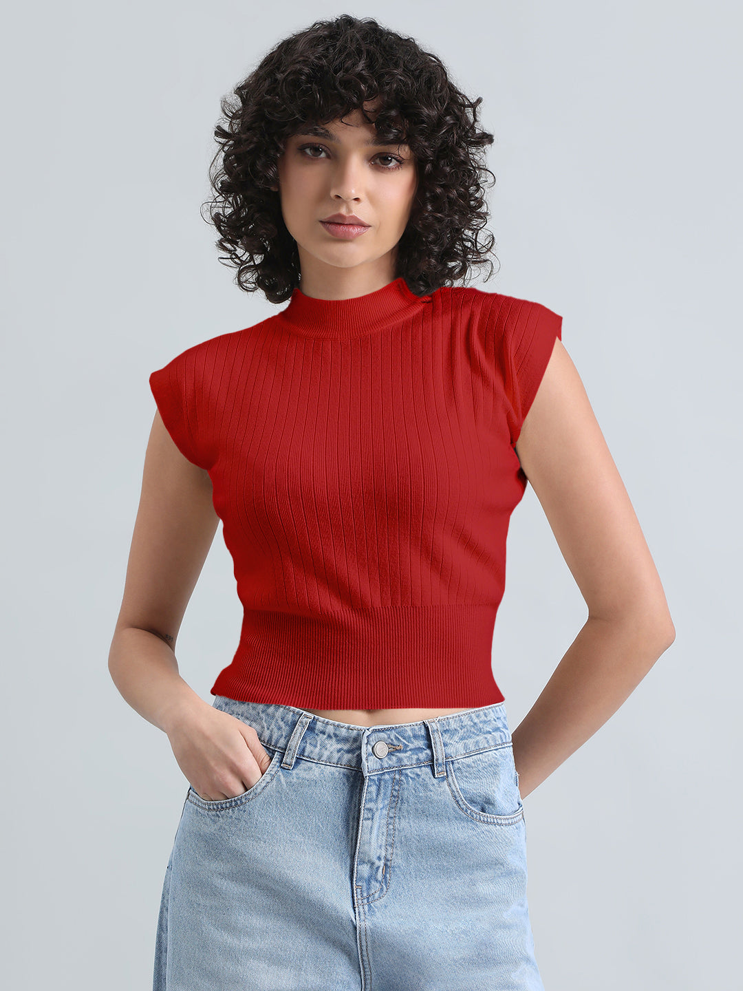 Women's Red Ribbed Mock Neck Sleeveless Top