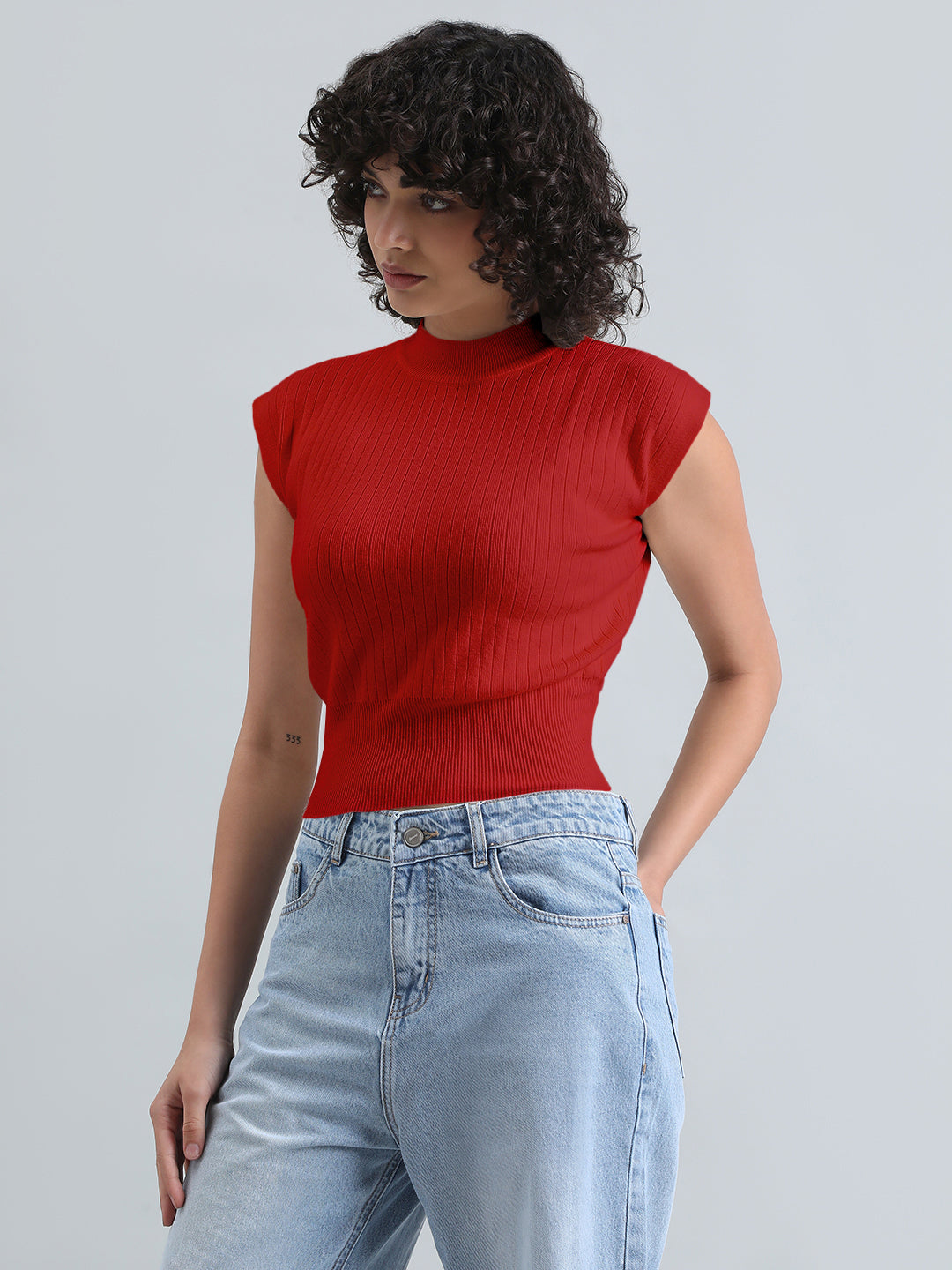 Women's Red Ribbed Mock Neck Sleeveless Top