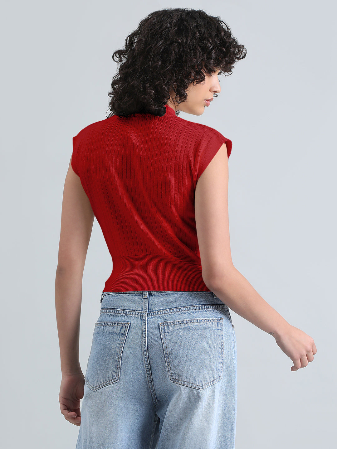 Women's Red Ribbed Mock Neck Sleeveless Top