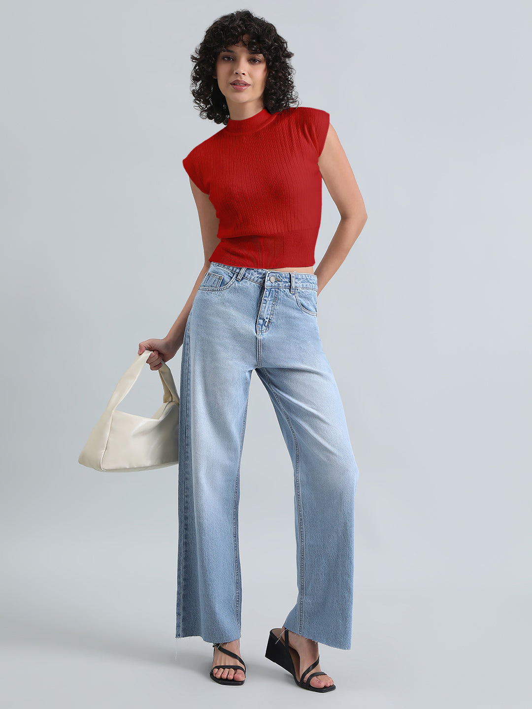 Women's Red Ribbed Mock Neck Sleeveless Top