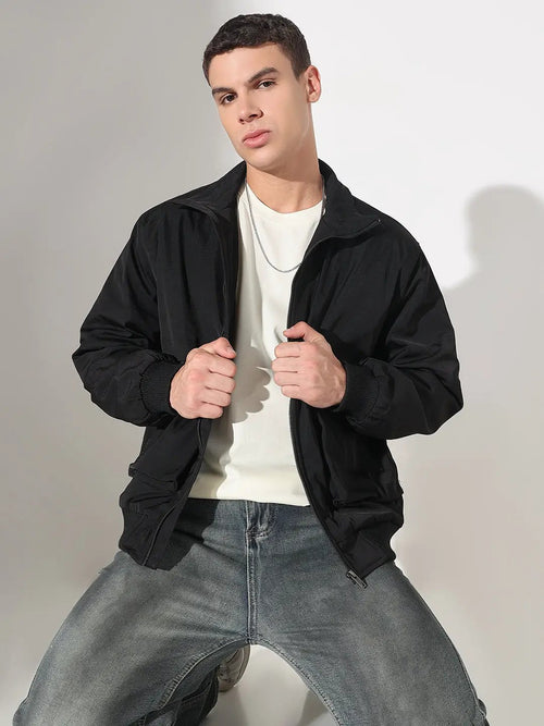 Men's Solid Black Puffer Jacket with Utility Pockets