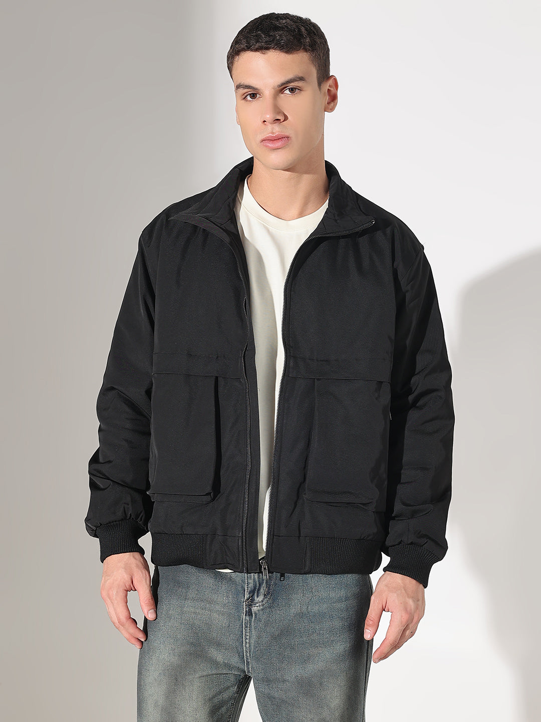 Men's Solid Black Puffer Jacket with Utility Pockets