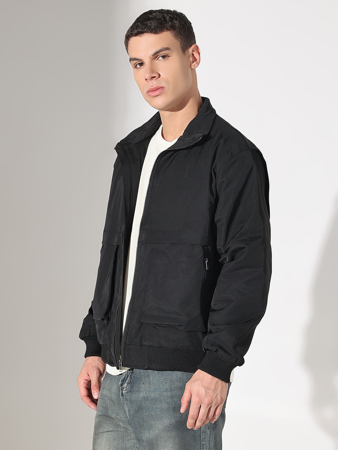 Men's Solid Black Puffer Jacket with Utility Pockets