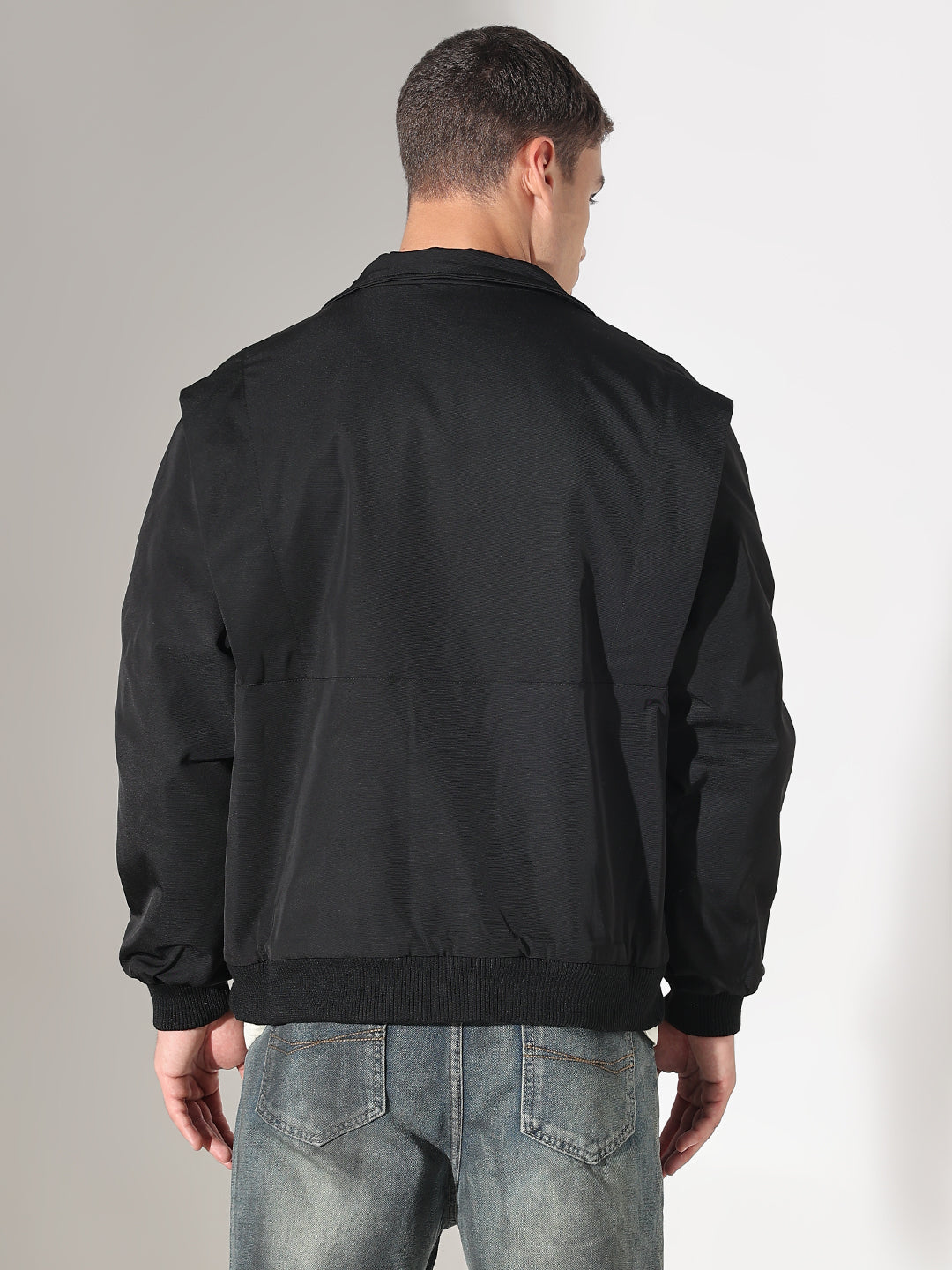 Men's Solid Black Puffer Jacket with Utility Pockets