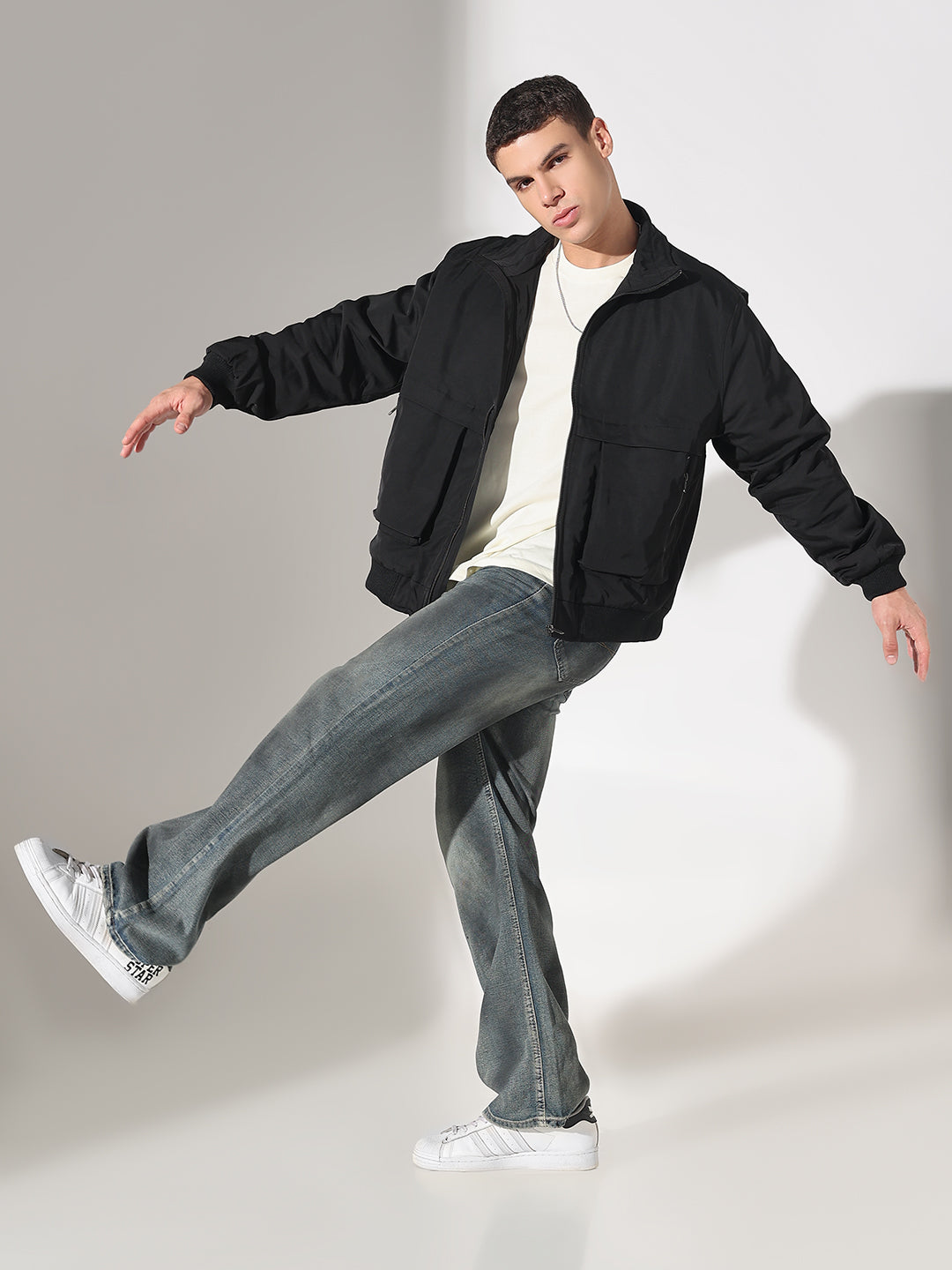 Men's Solid Black Puffer Jacket with Utility Pockets