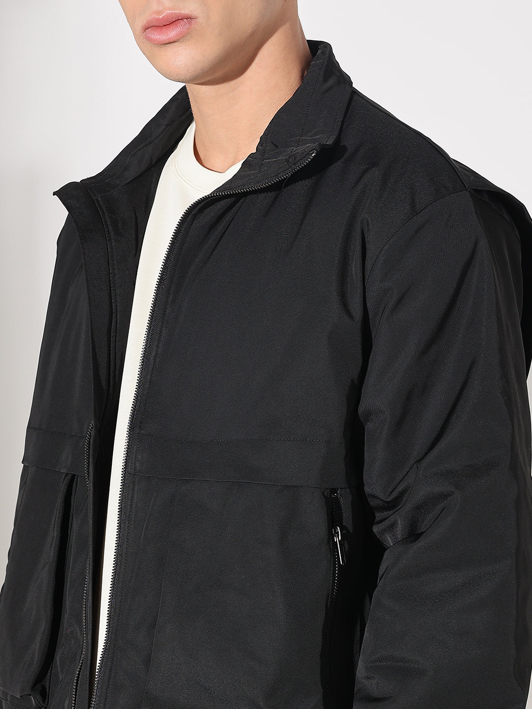 Men's Solid Black Puffer Jacket with Utility Pockets