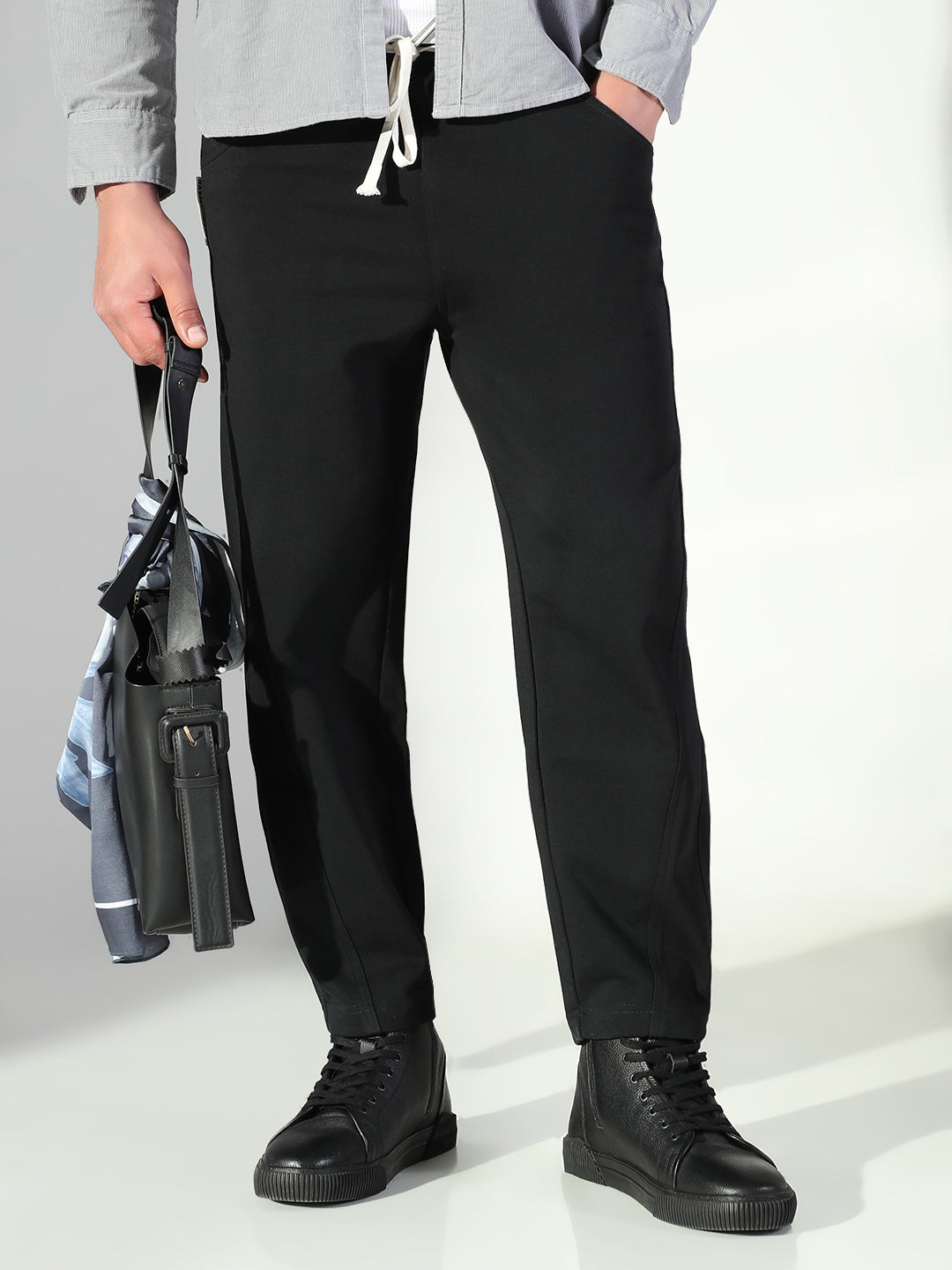 Men Black Solid Trousers