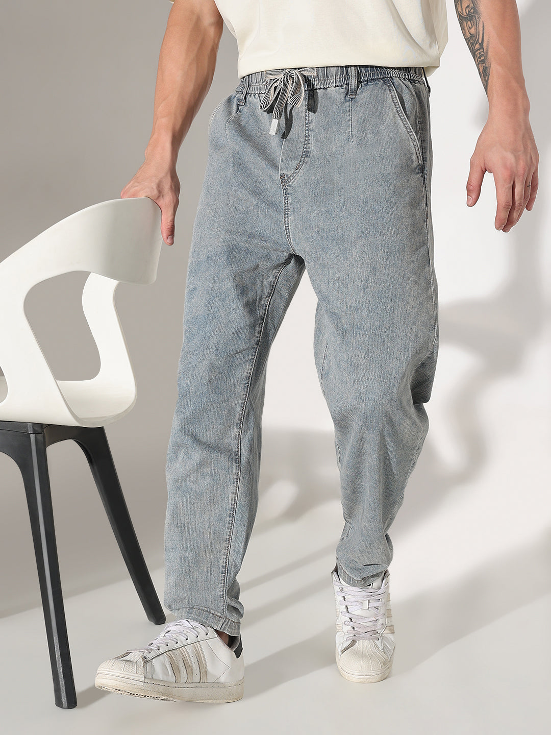 Men's Blue Straight Fit Elasticated Waist with Drawstring Jeans