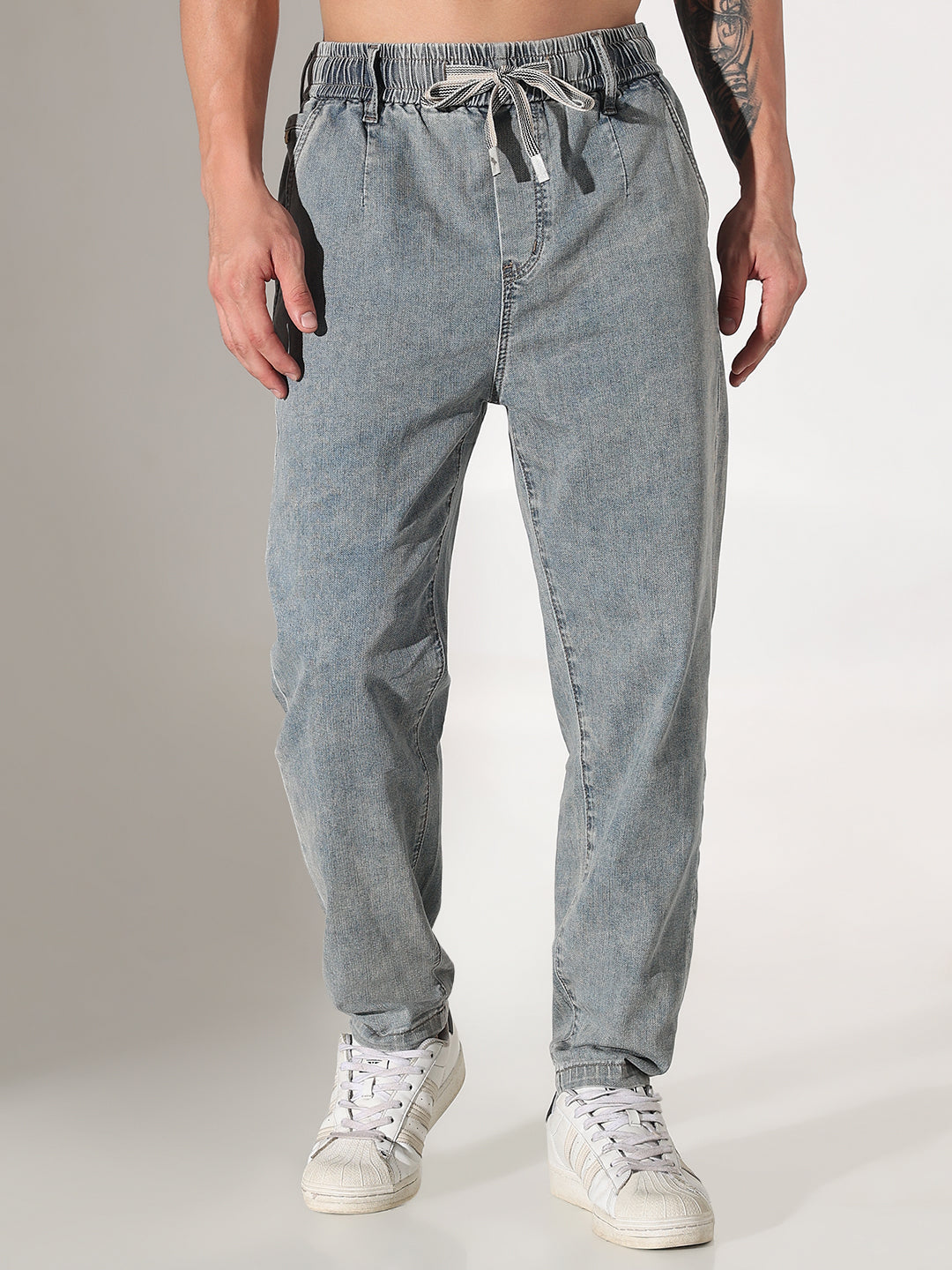 Men's Blue Straight Fit Elasticated Waist with Drawstring Jeans