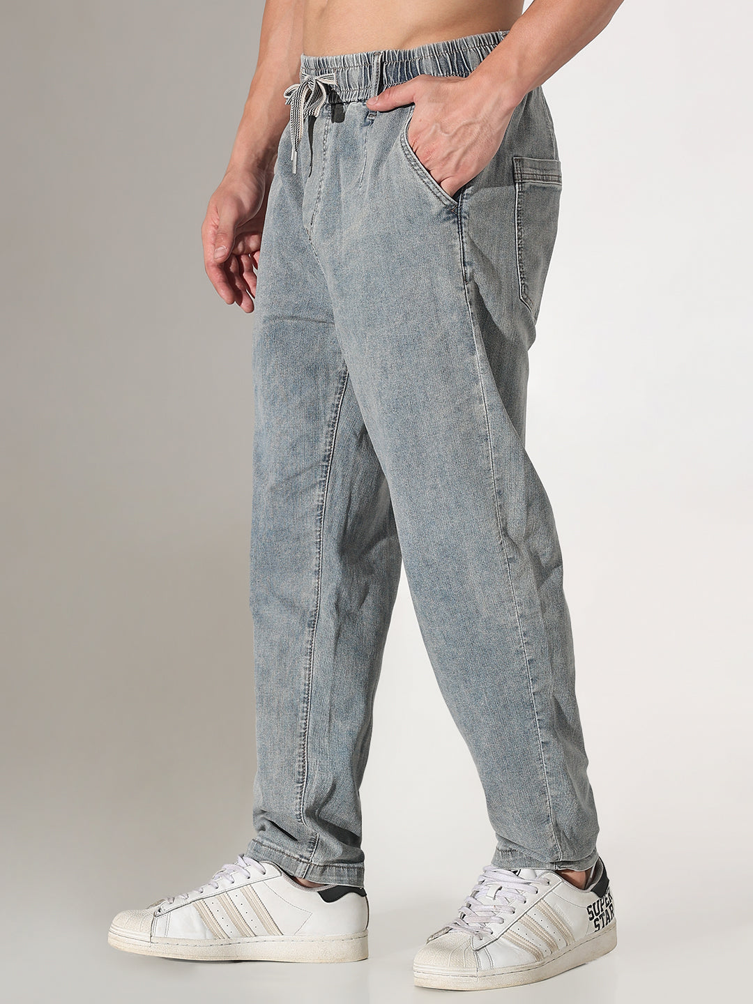 Men's Blue Straight Fit Elasticated Waist with Drawstring Jeans