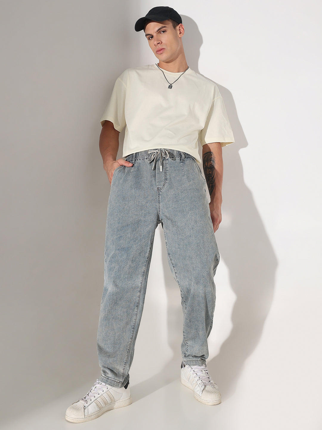 Men's Blue Straight Fit Elasticated Waist with Drawstring Jeans