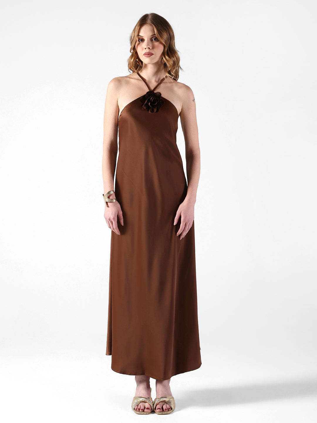 Women's Brown Tie-Up Neck Maxi Dress with Floral Applique Detail