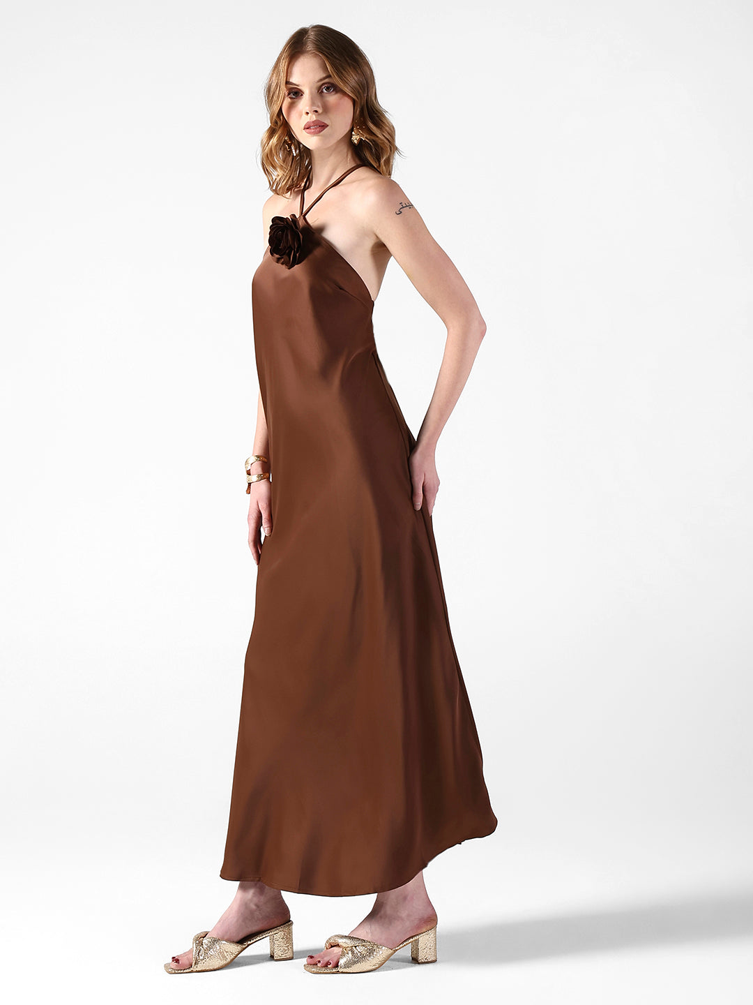 Women's Brown Tie-Up Neck Maxi Dress with Floral Applique Detail