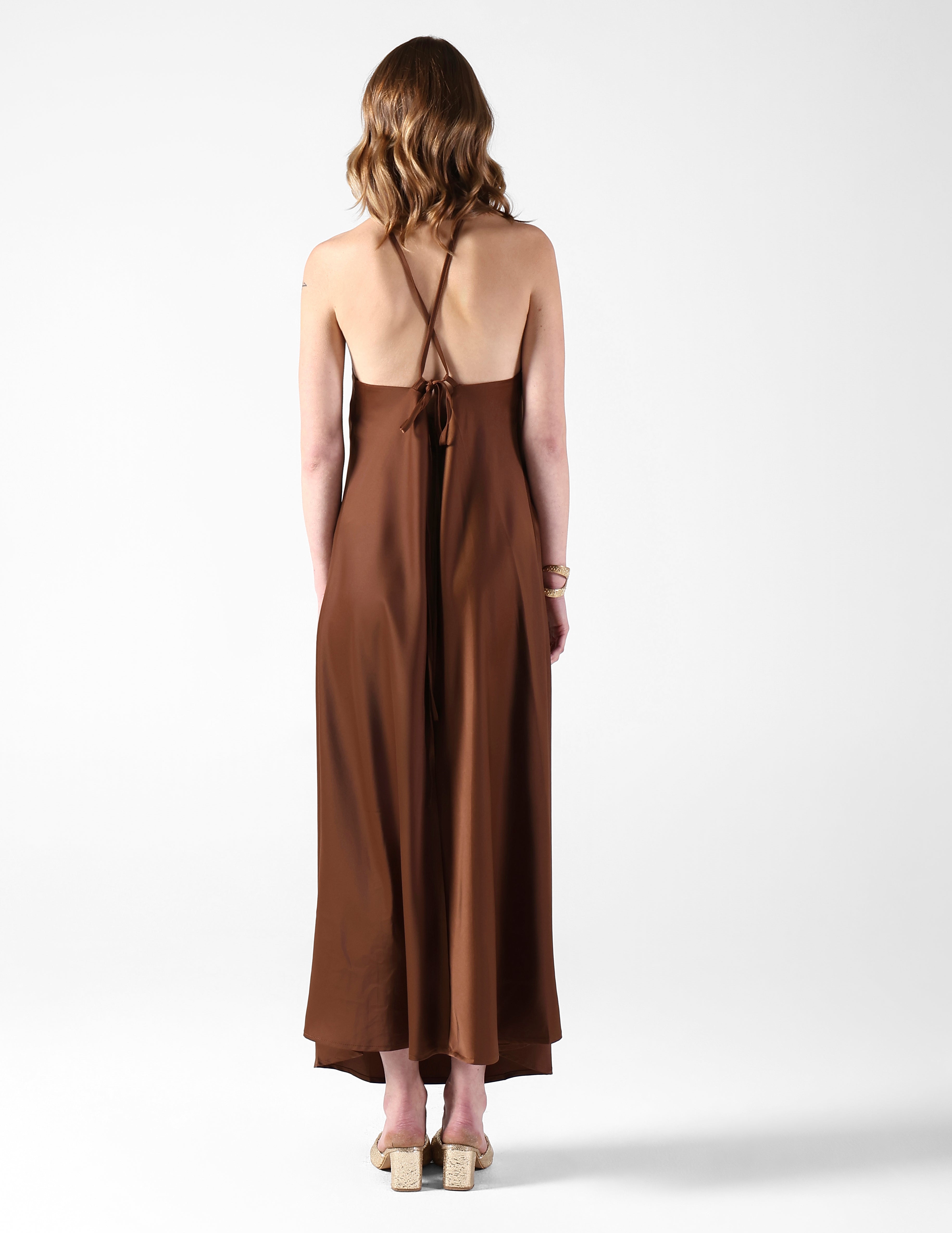 Women's Brown Tie-Up Neck Maxi Dress with Floral Applique Detail