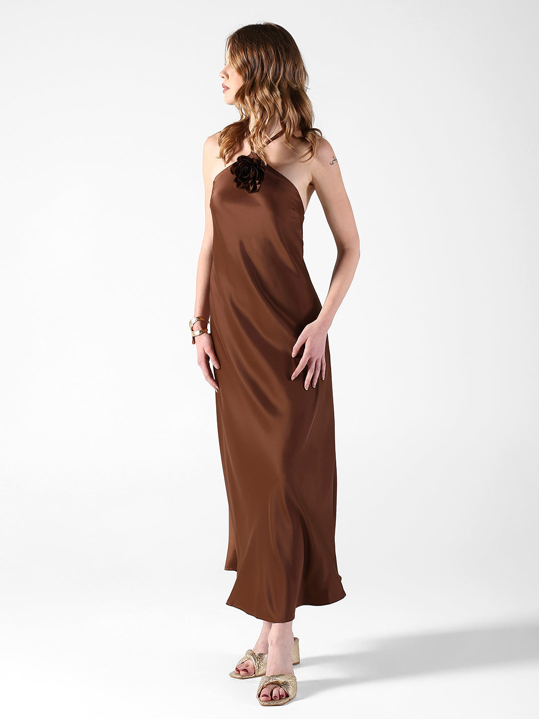 Women's Brown Tie-Up Neck Maxi Dress with Floral Applique Detail