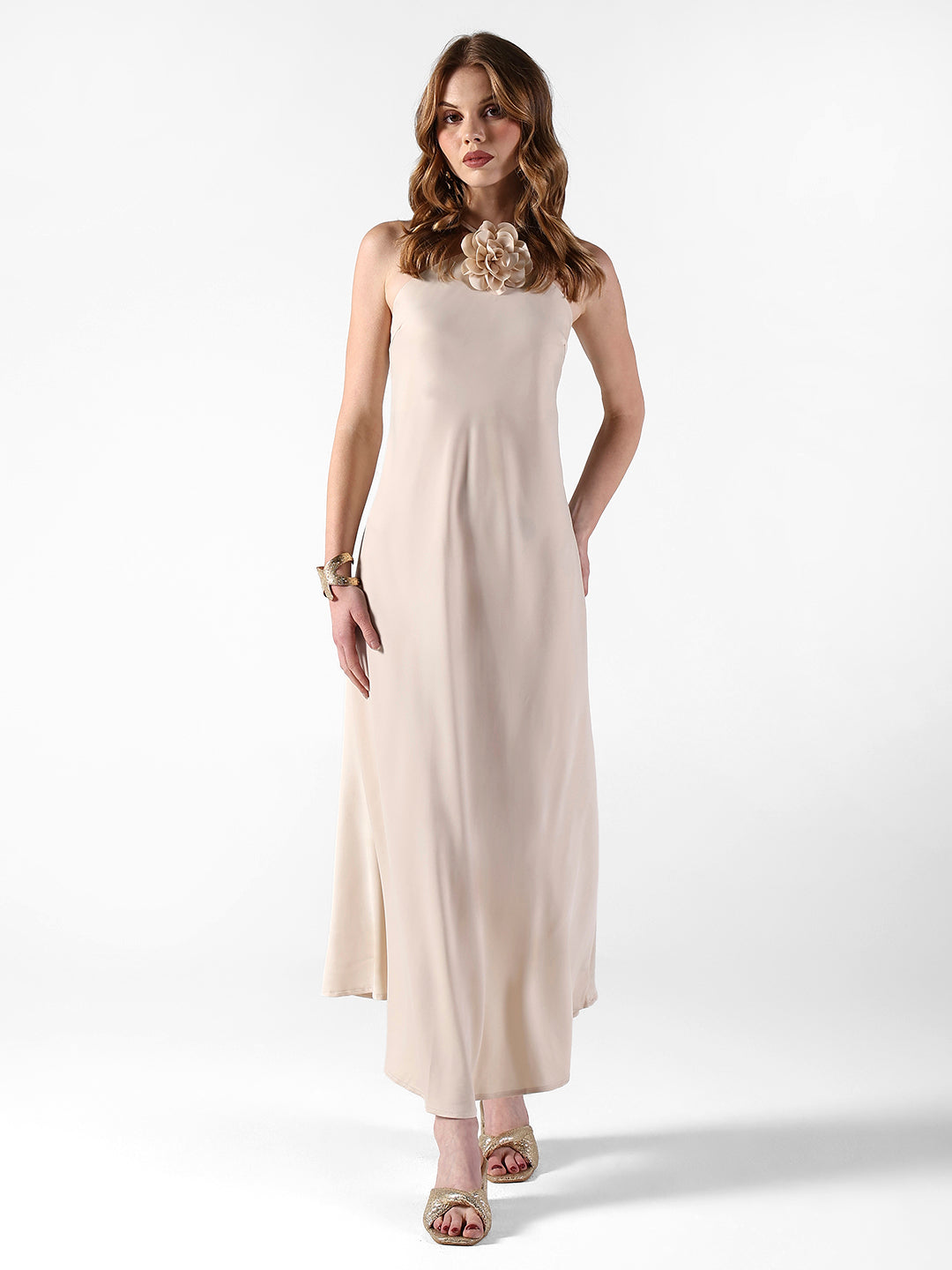 Women's Cream Tie-Up Neck Maxi Dress with Floral Applique Detail