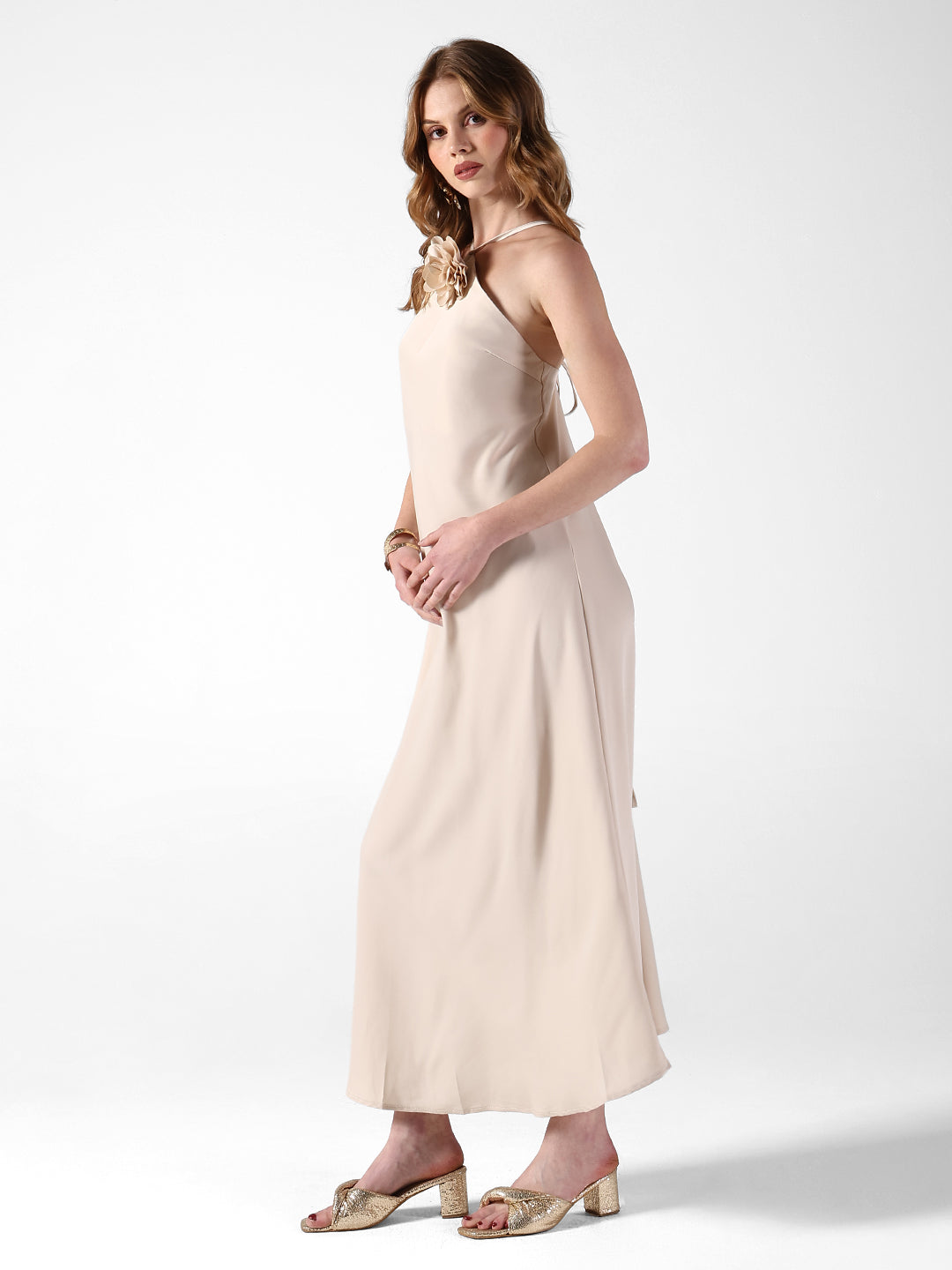 Women's Cream Tie-Up Neck Maxi Dress with Floral Applique Detail