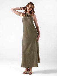 Women's Olive Tie-Up Neck Maxi Dress with Floral Applique Detail