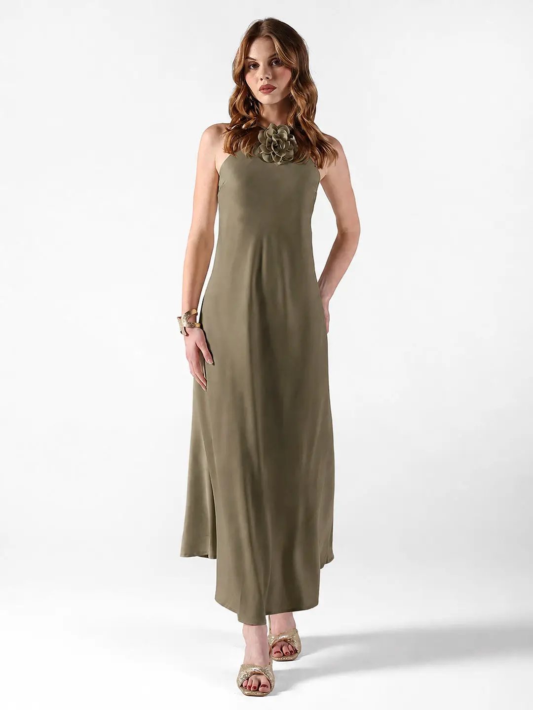 Women's Olive Tie-Up Neck Maxi Dress with Floral Applique Detail