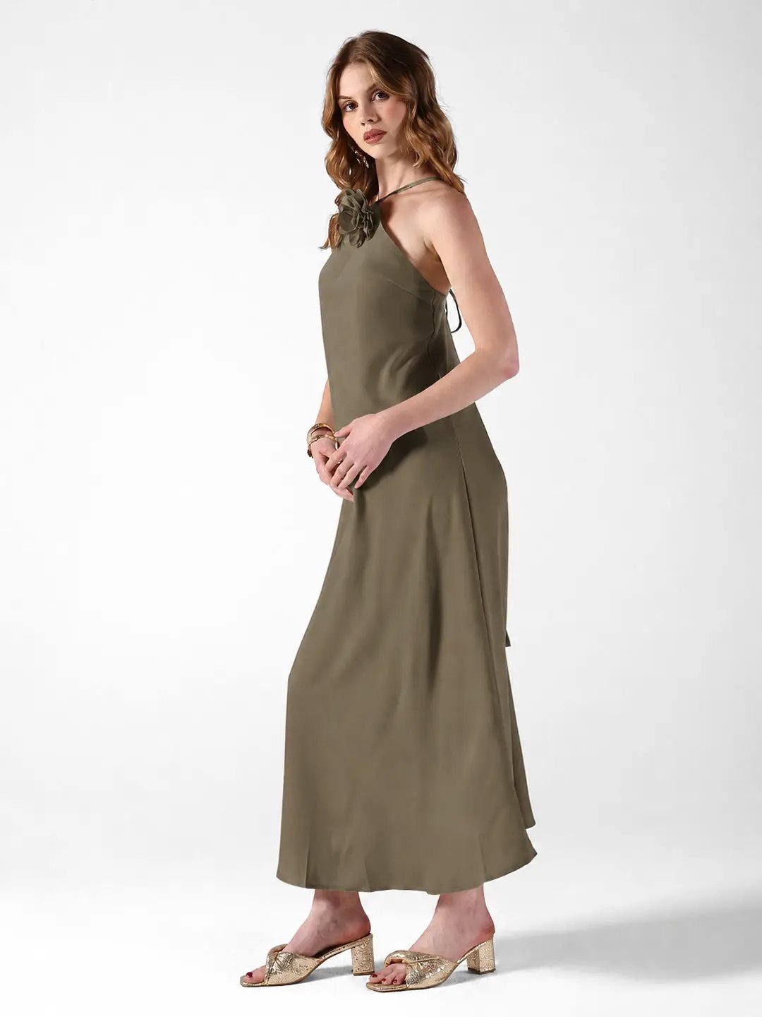 Women's Olive Tie-Up Neck Maxi Dress with Floral Applique Detail