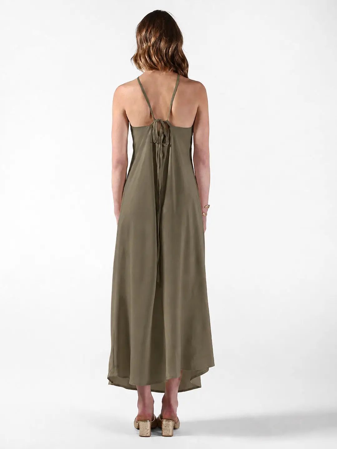 Women's Olive Tie-Up Neck Maxi Dress with Floral Applique Detail