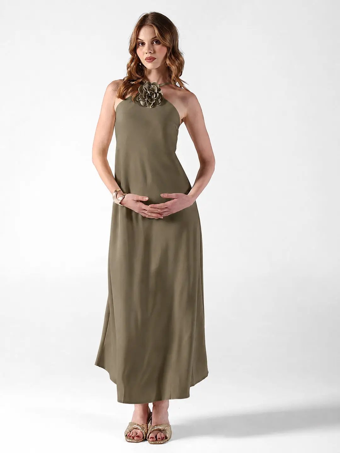 Women's Olive Tie-Up Neck Maxi Dress with Floral Applique Detail