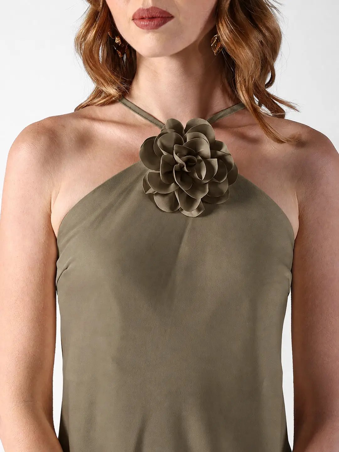 Women's Olive Tie-Up Neck Maxi Dress with Floral Applique Detail