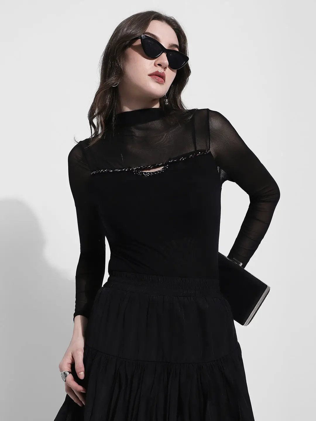 Women's Black Long Sleeve Mesh Top with Cut Out Neck Detail - from SHOWOFFFF