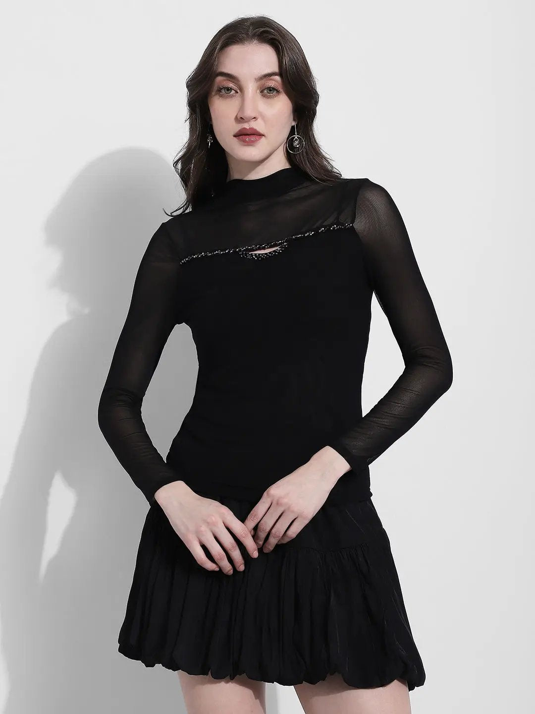 Women's Black Long Sleeve Mesh Top with Cut Out Neck Detail - from SHOWOFFFF
