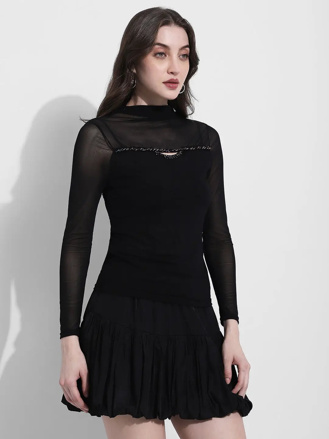 Women's Black Long Sleeve Mesh Top with Cut Out Neck Detail - from SHOWOFFFF