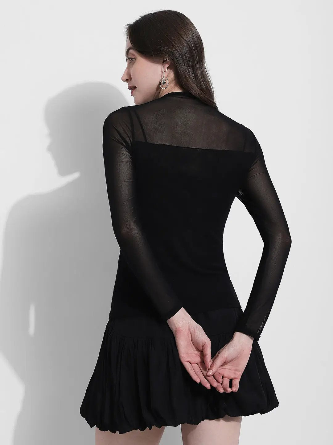 Women's Black Long Sleeve Mesh Top with Cut Out Neck Detail - from SHOWOFFFF
