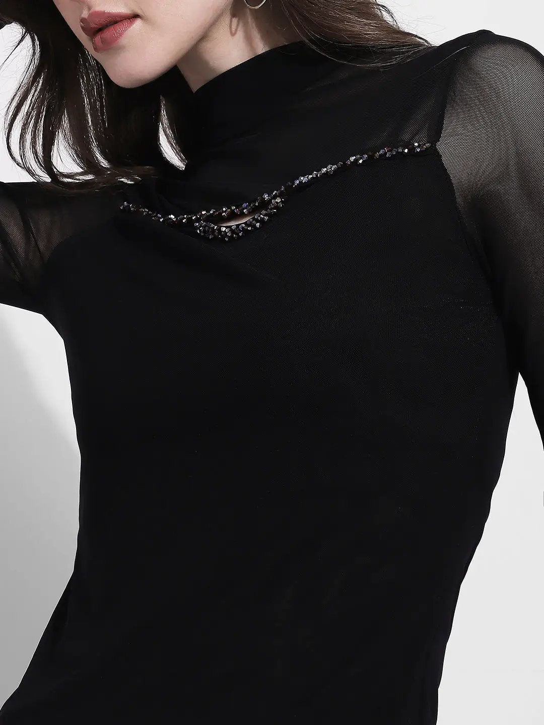 Women's Black Long Sleeve Mesh Top with Cut Out Neck Detail - from SHOWOFFFF