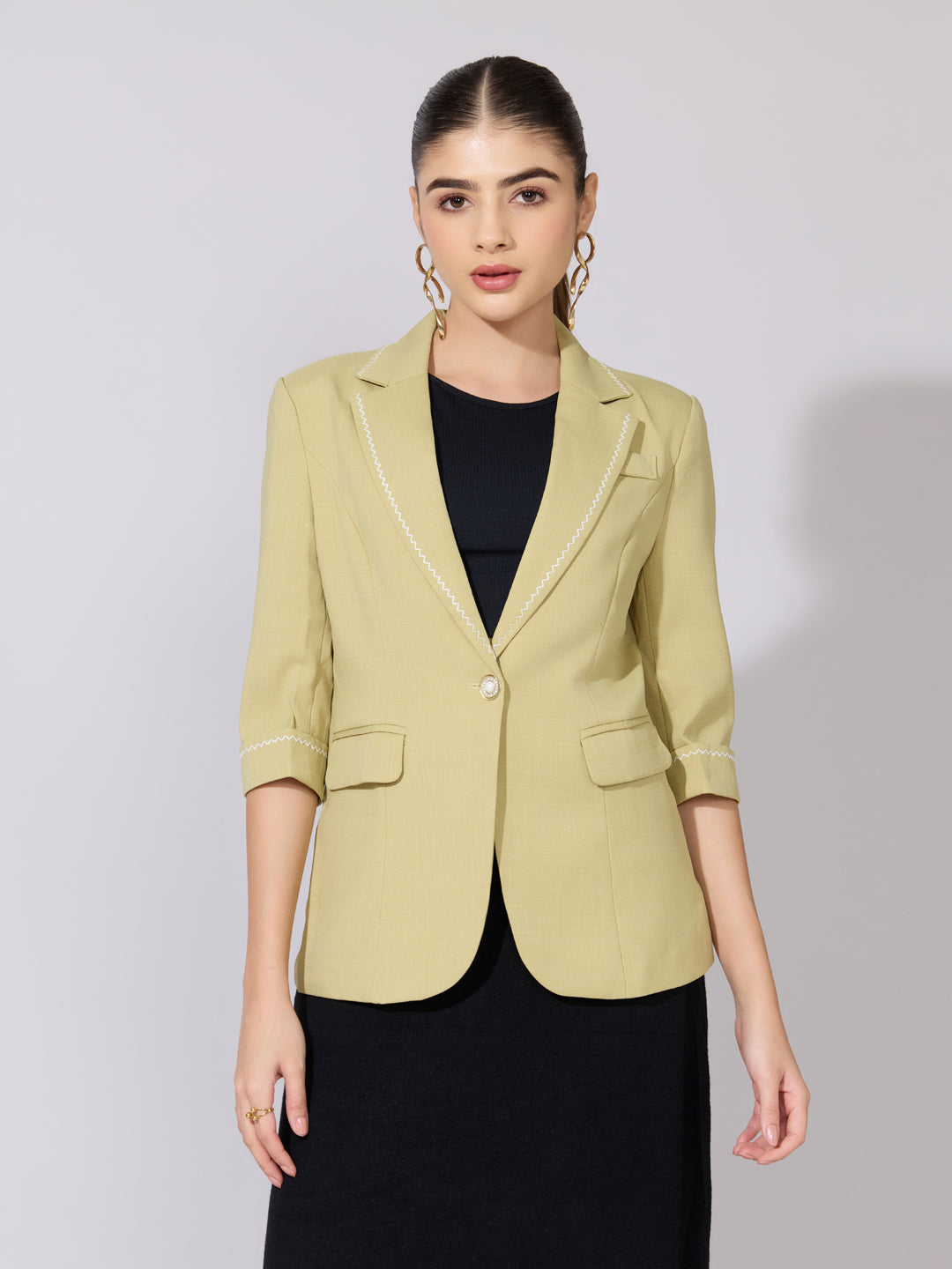 Women's Green Blazer with Contrast Stitch Detail