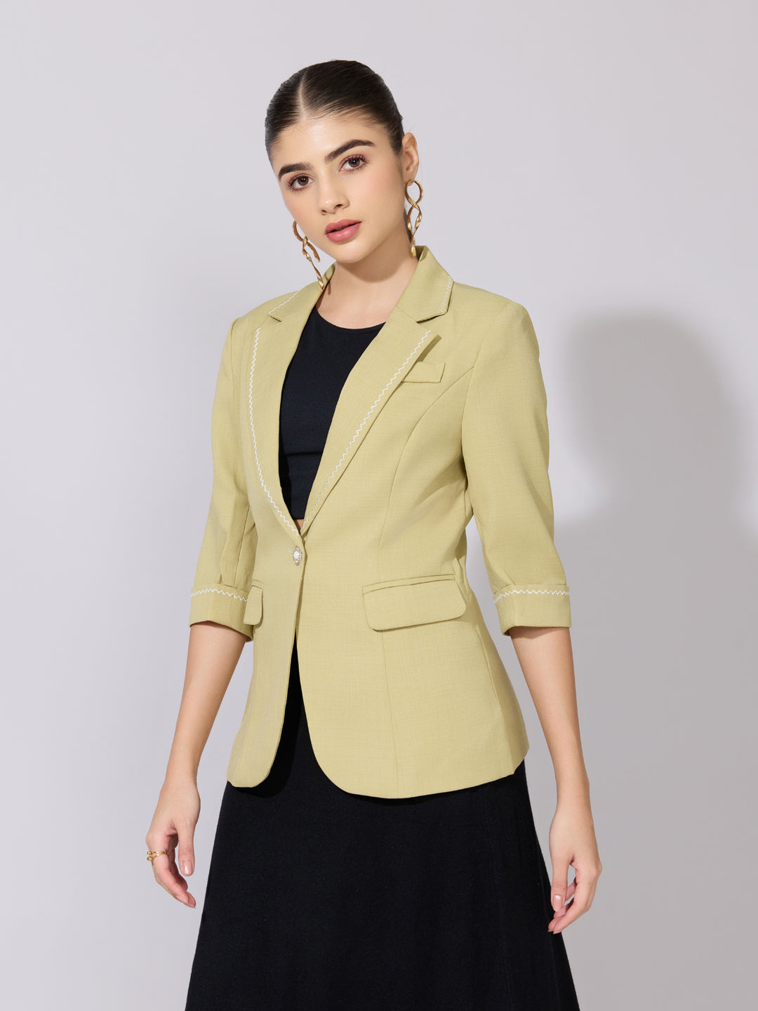 Women's Green Blazer with Contrast Stitch Detail
