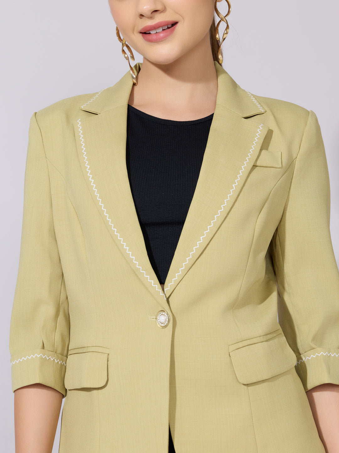 Women's Green Blazer with Contrast Stitch Detail