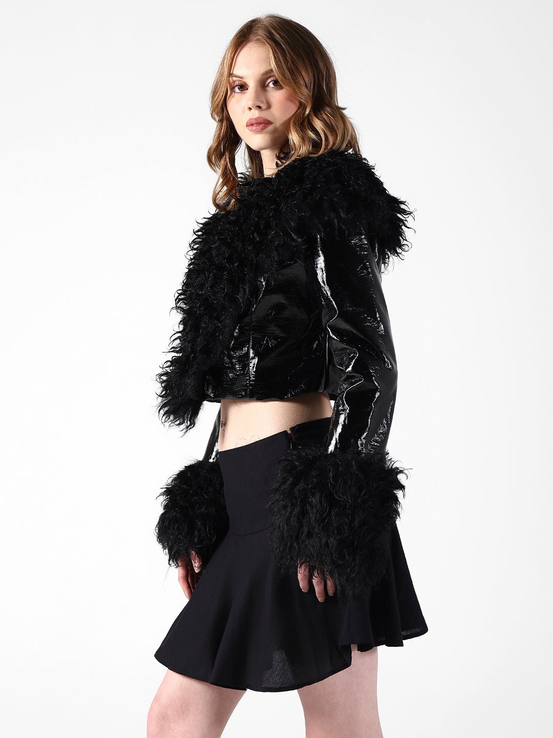 Women's Textured Black Cropped Jacket with Faux Fur Detail