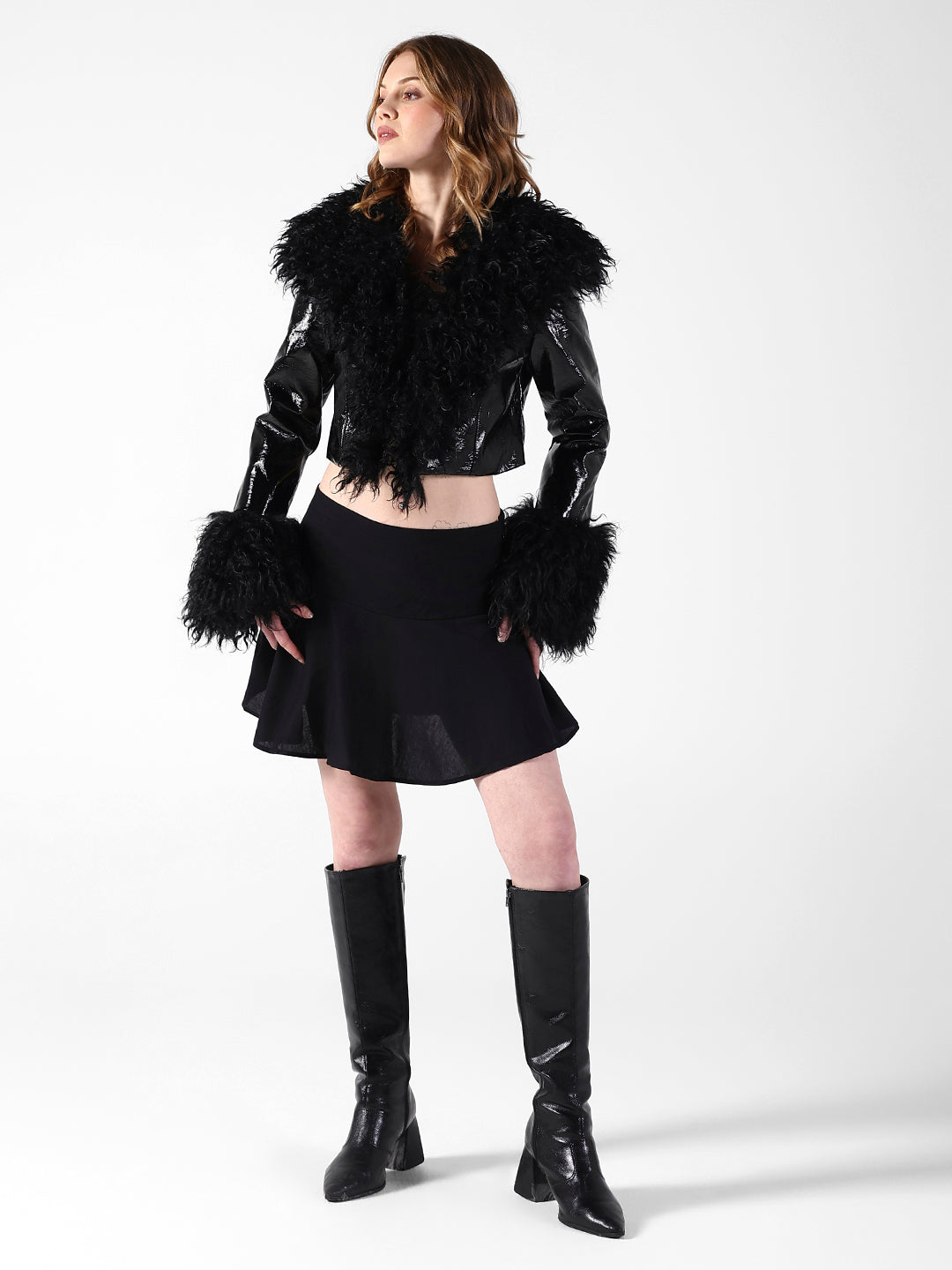 Women's Textured Black Cropped Jacket with Faux Fur Detail