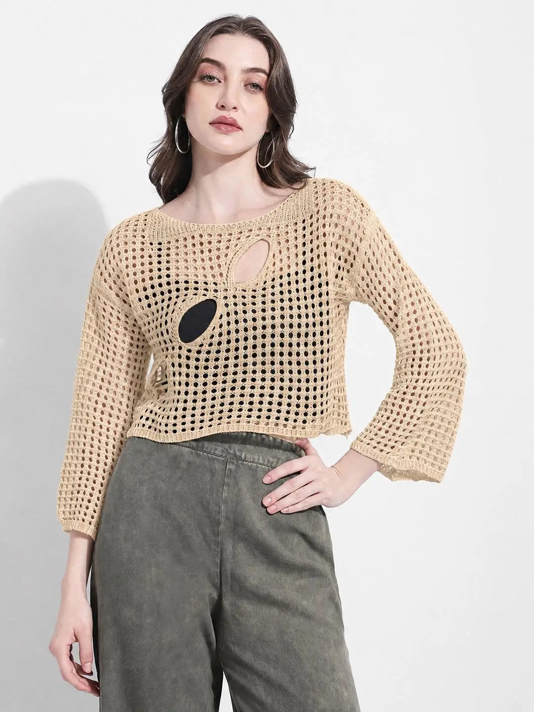 Women's Crochet Open Knit Beige Cut Out Crop Top with Inner