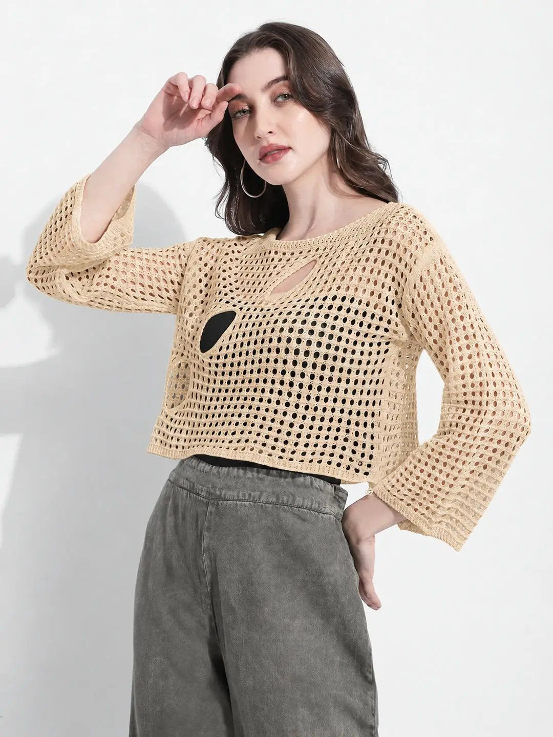 Women's Crochet Open Knit Beige Cut Out Crop Top with Inner