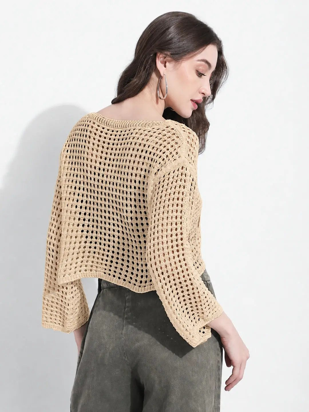 Women's Crochet Open Knit Beige Cut Out Crop Top with Inner