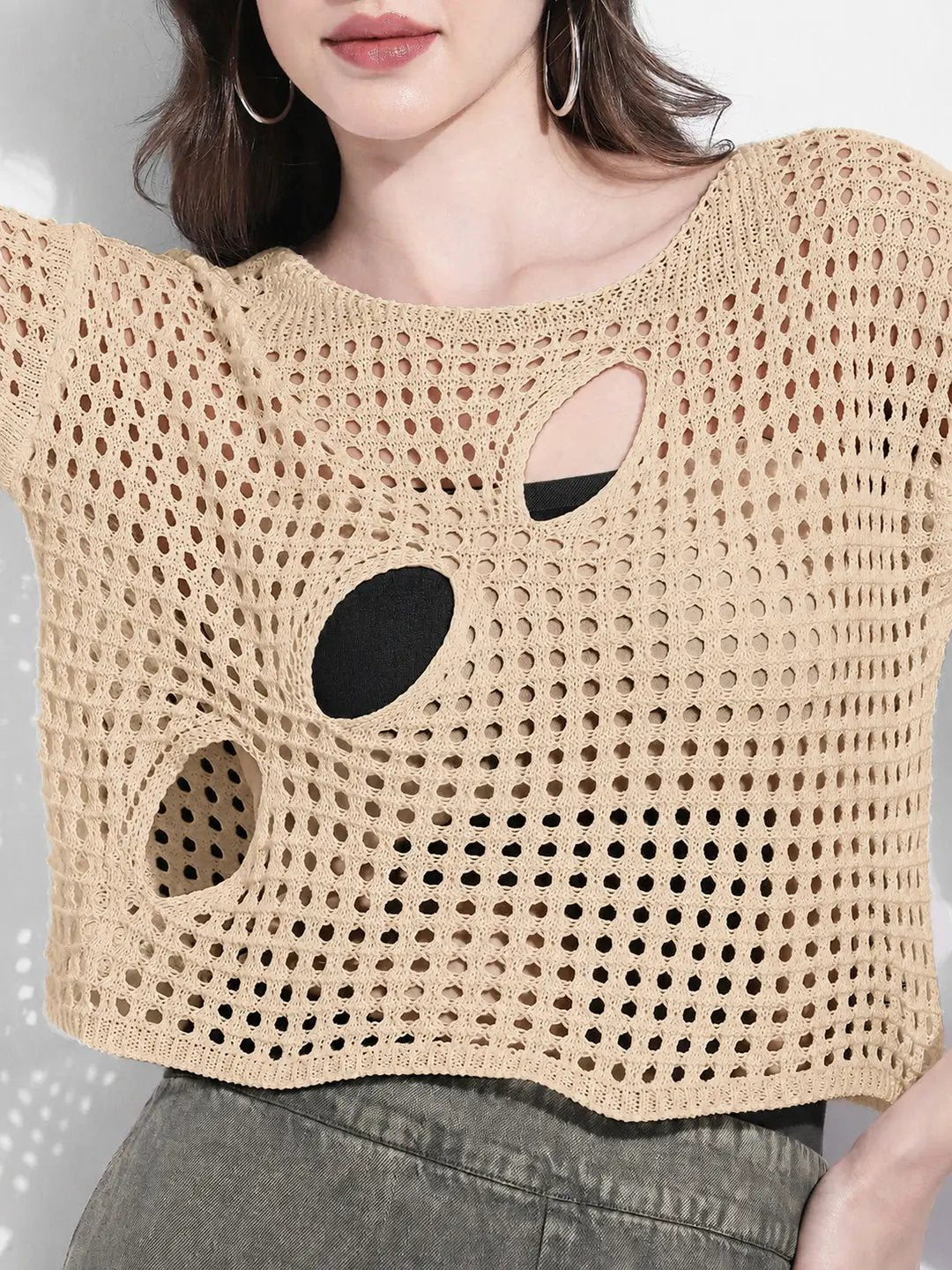 Women's Crochet Open Knit Beige Cut Out Crop Top with Inner