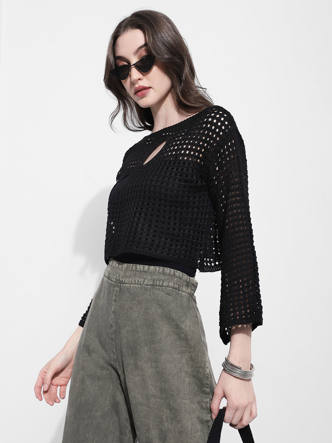 Women's Crochet Open Knit Black Cut Out Crop Top with Inner
