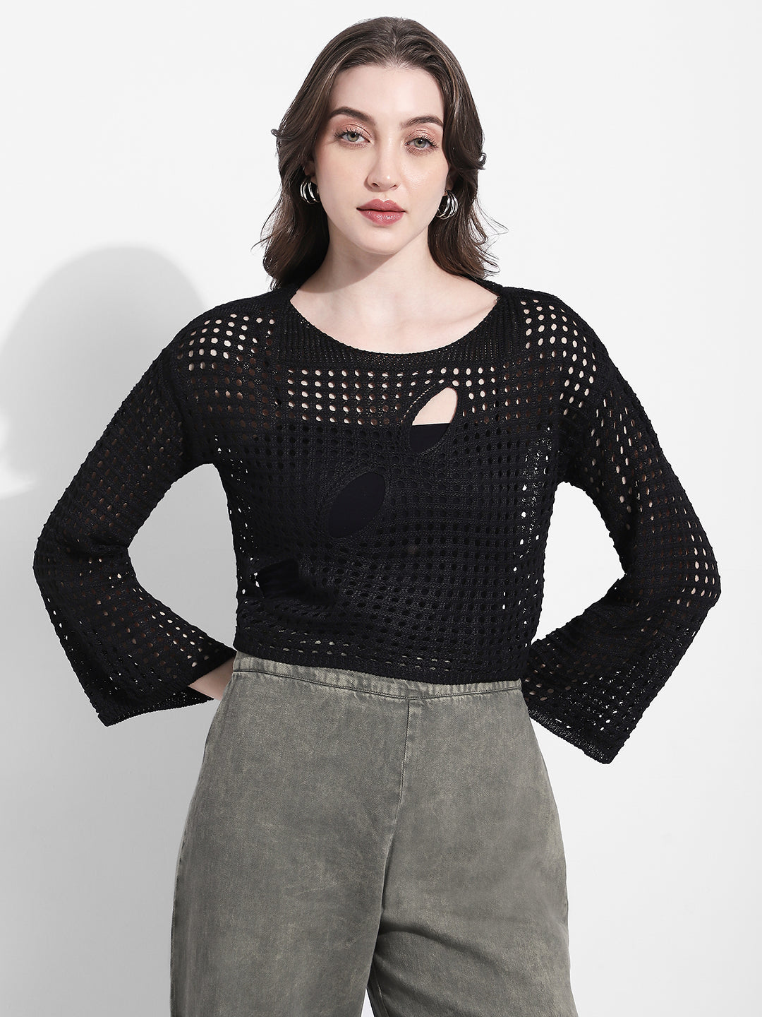 Women's Crochet Open Knit Black Cut Out Crop Top with Inner