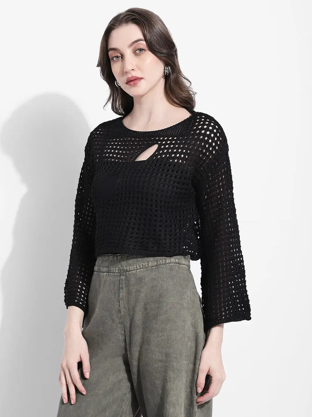 Women's Crochet Open Knit Black Cut Out Crop Top with Inner - from SHOWOFFFF