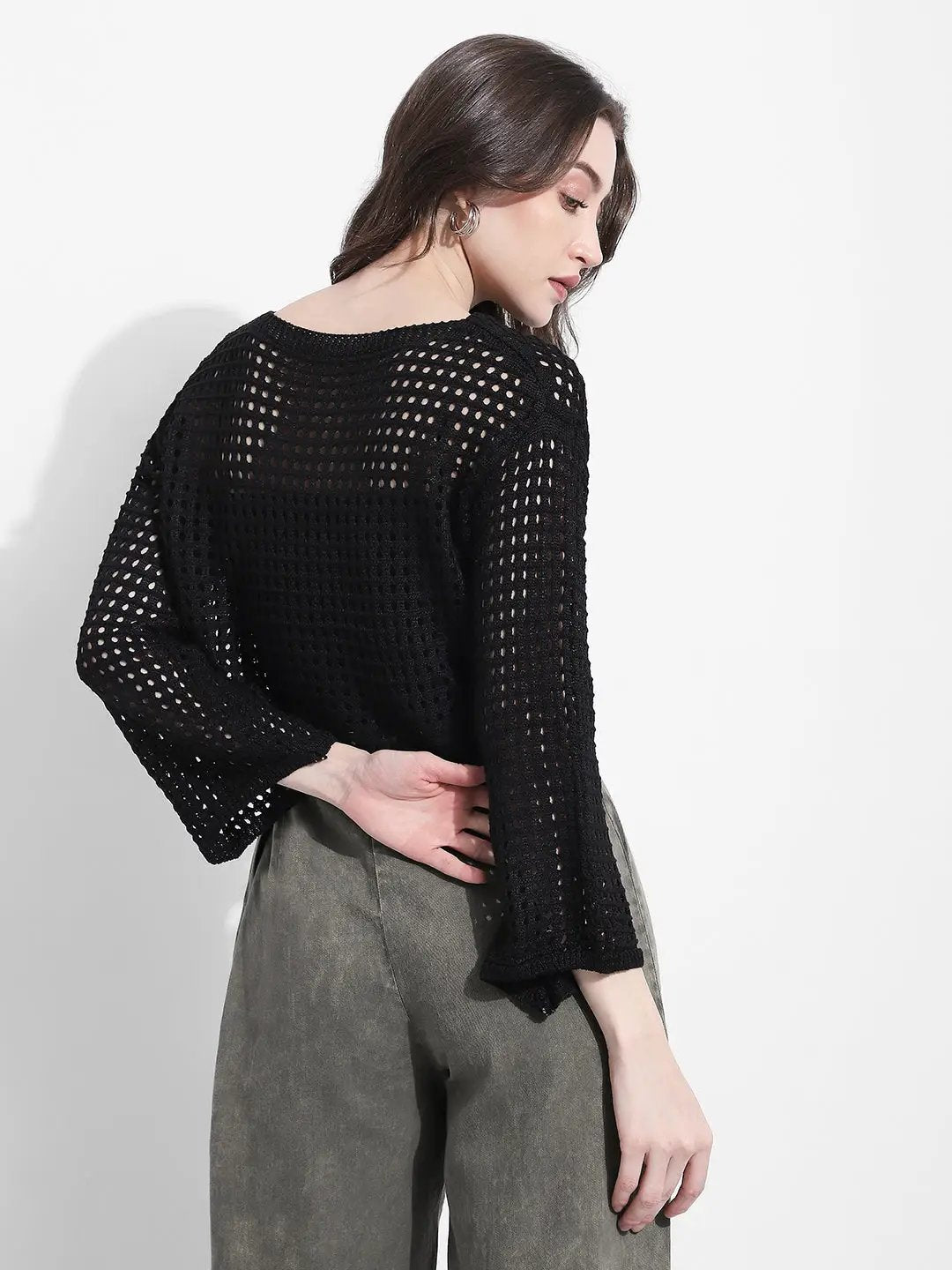 Women's Crochet Open Knit Black Cut Out Crop Top with Inner - from SHOWOFFFF