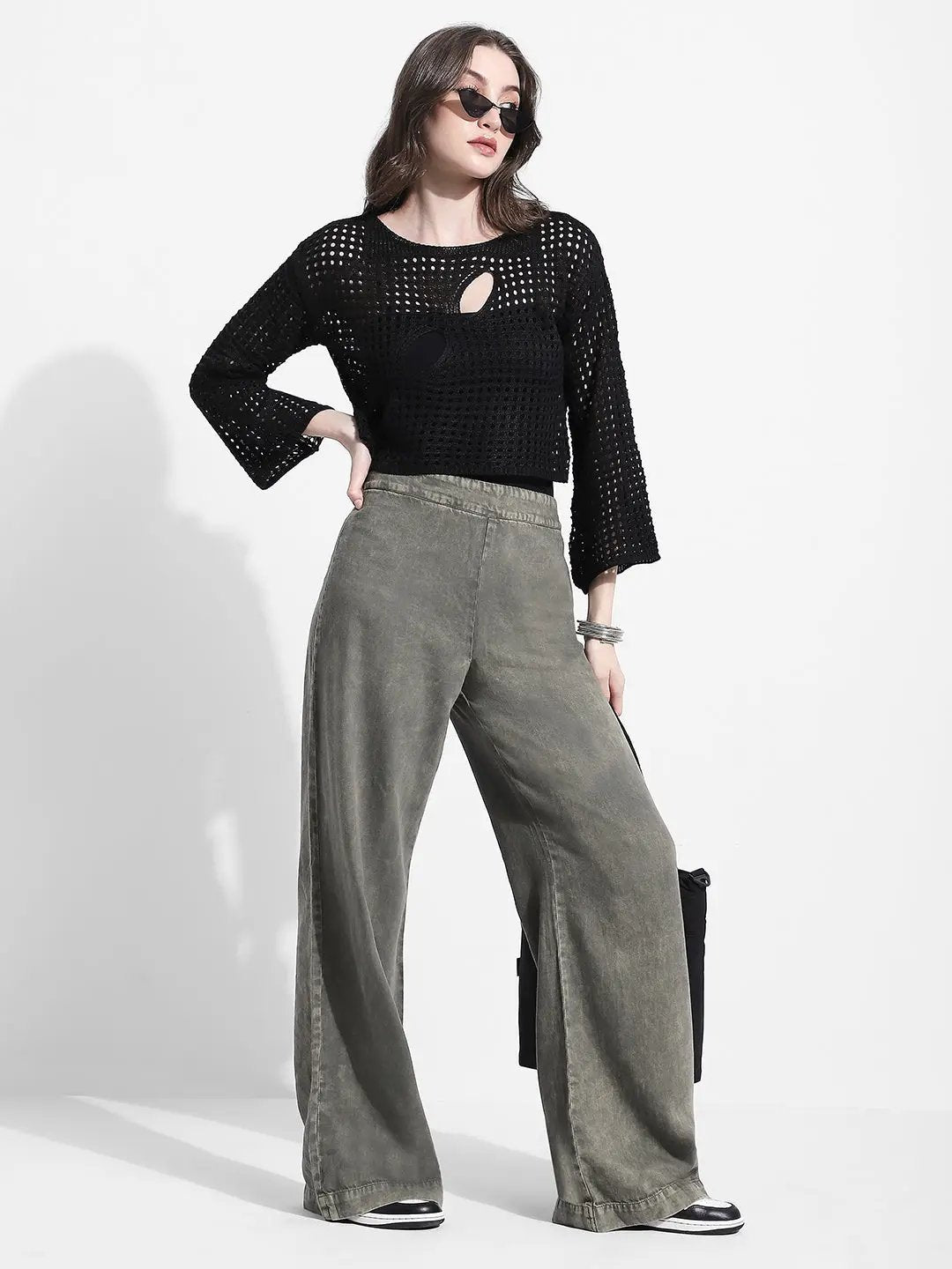 Women's Crochet Open Knit Black Cut Out Crop Top with Inner - from SHOWOFFFF
