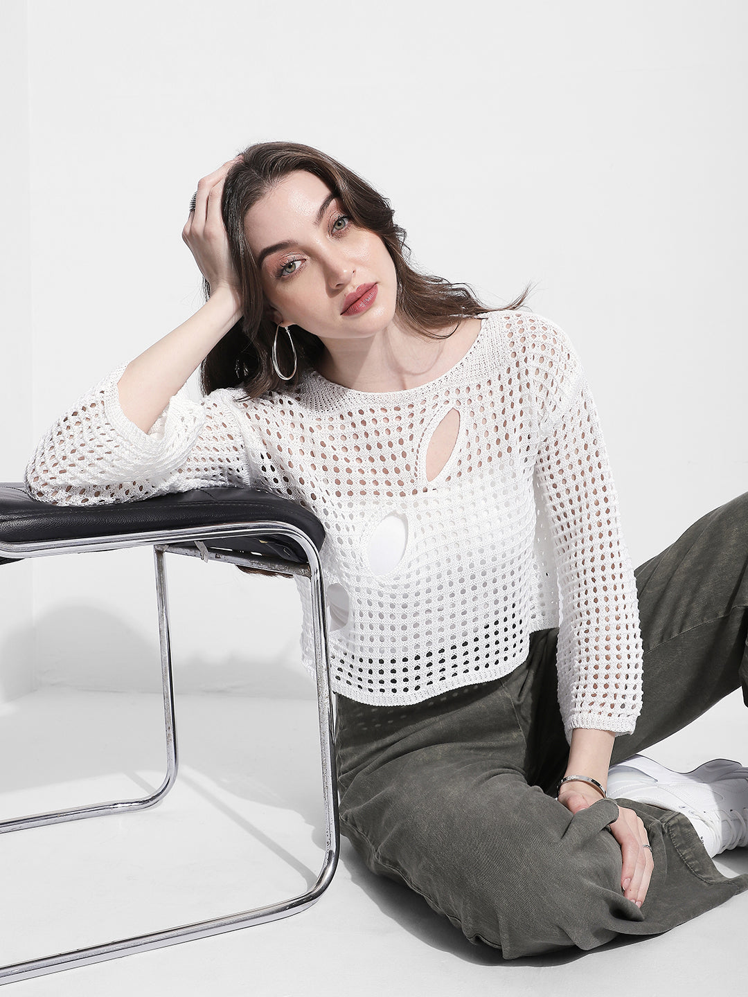 Women's Crochet Open Knit White Cut Out Crop Top with Inner