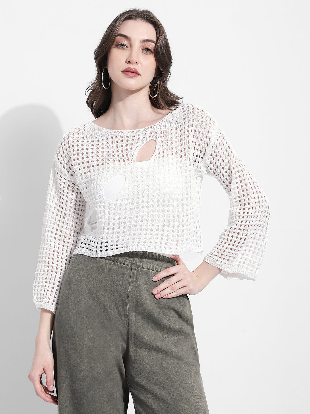 Women's Crochet Open Knit White Cut Out Crop Top with Inner